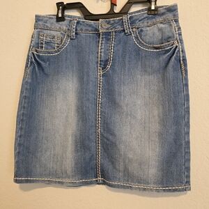 Vanilla Star Denim Blue Jean Skirt Thick Stitching Boho Western Distress Size 8